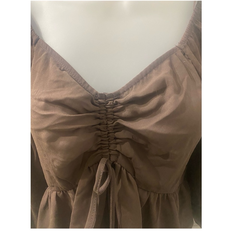 Pink Rose Peplum Cropped Blouse Cacao Brown S - Picture 3 of 6